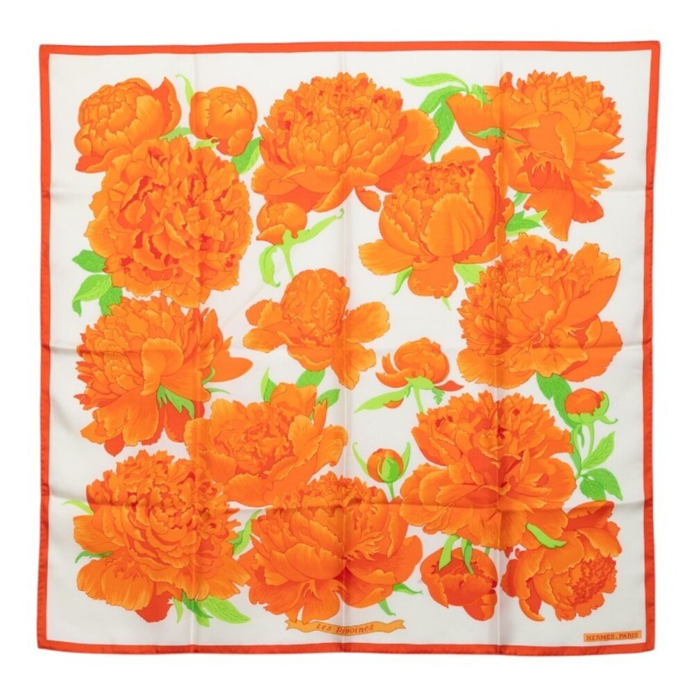 Hermes Carre 90 Les Pivoines Peony Scarf Muffler Orange Silk Women's HERMES